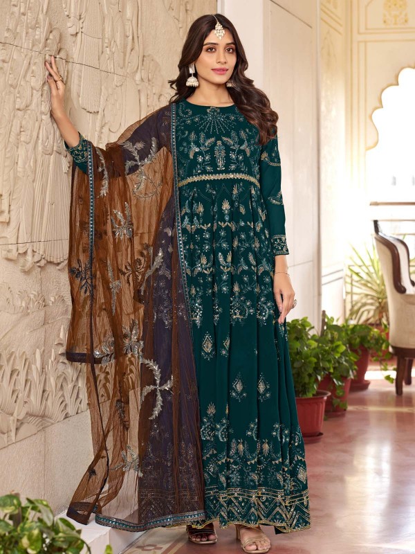 Peacock Green Faux Georgette Designer Salwar Kameez